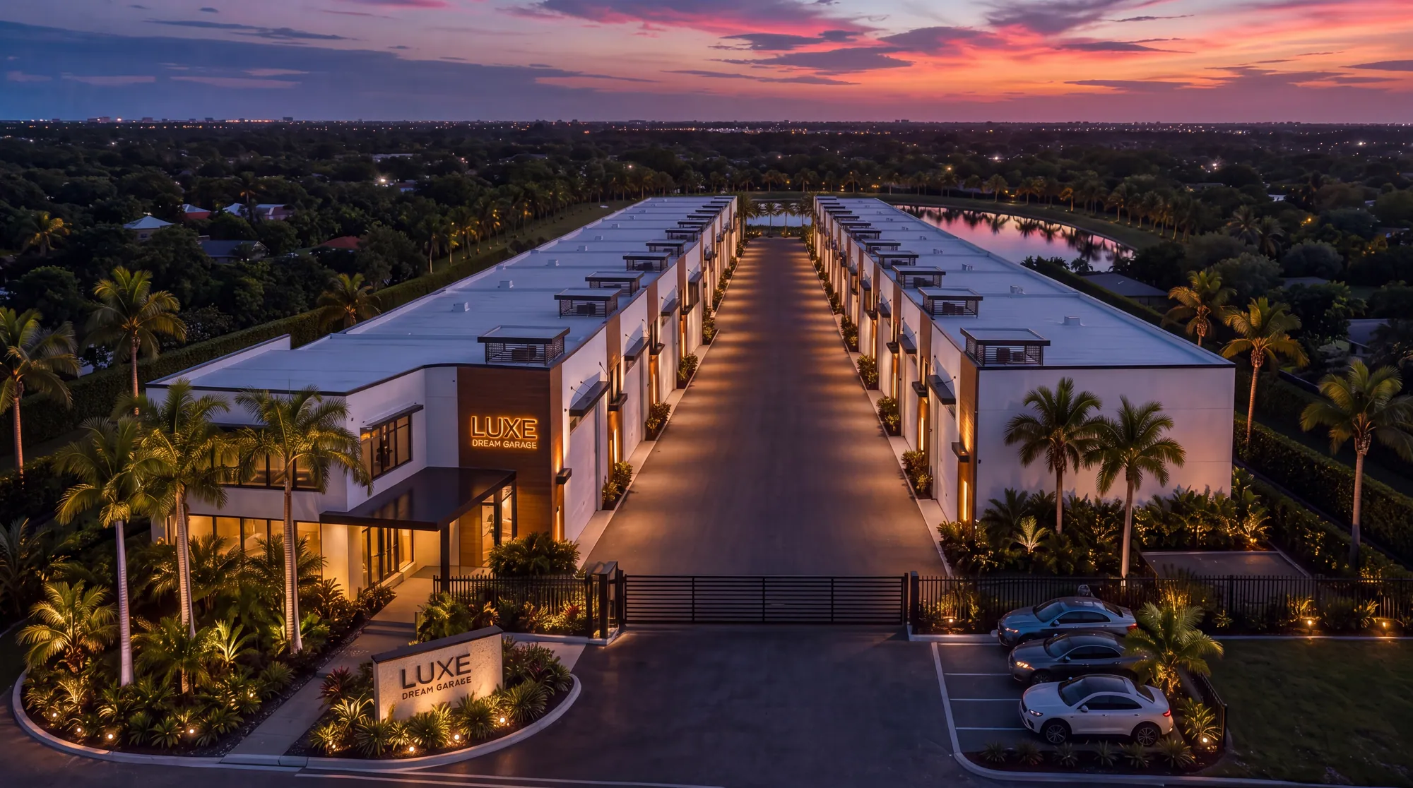 Aerial view of Luxe Dream Garage Miami at dusk: the gated entry, two garage buildings either side of the private campus, and the lake beyond