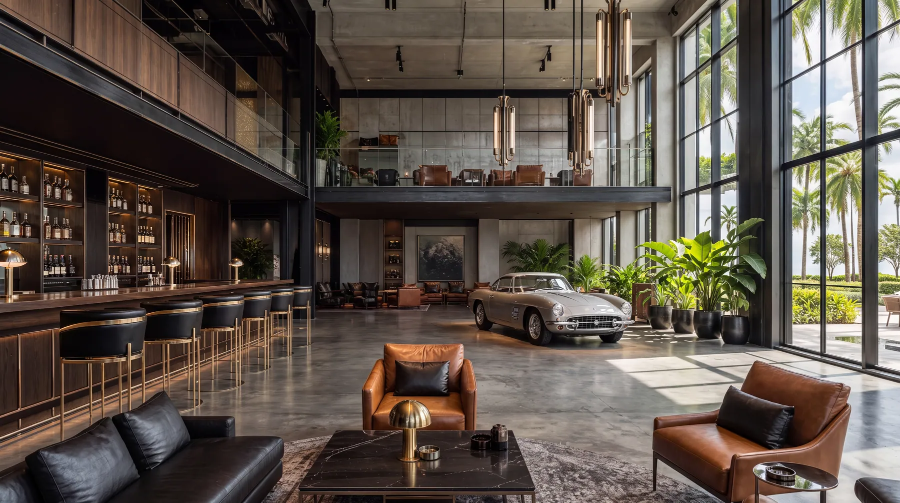 The Luxe Club clubhouse: lounge, bar, mezzanine, and a vintage sports car on display
