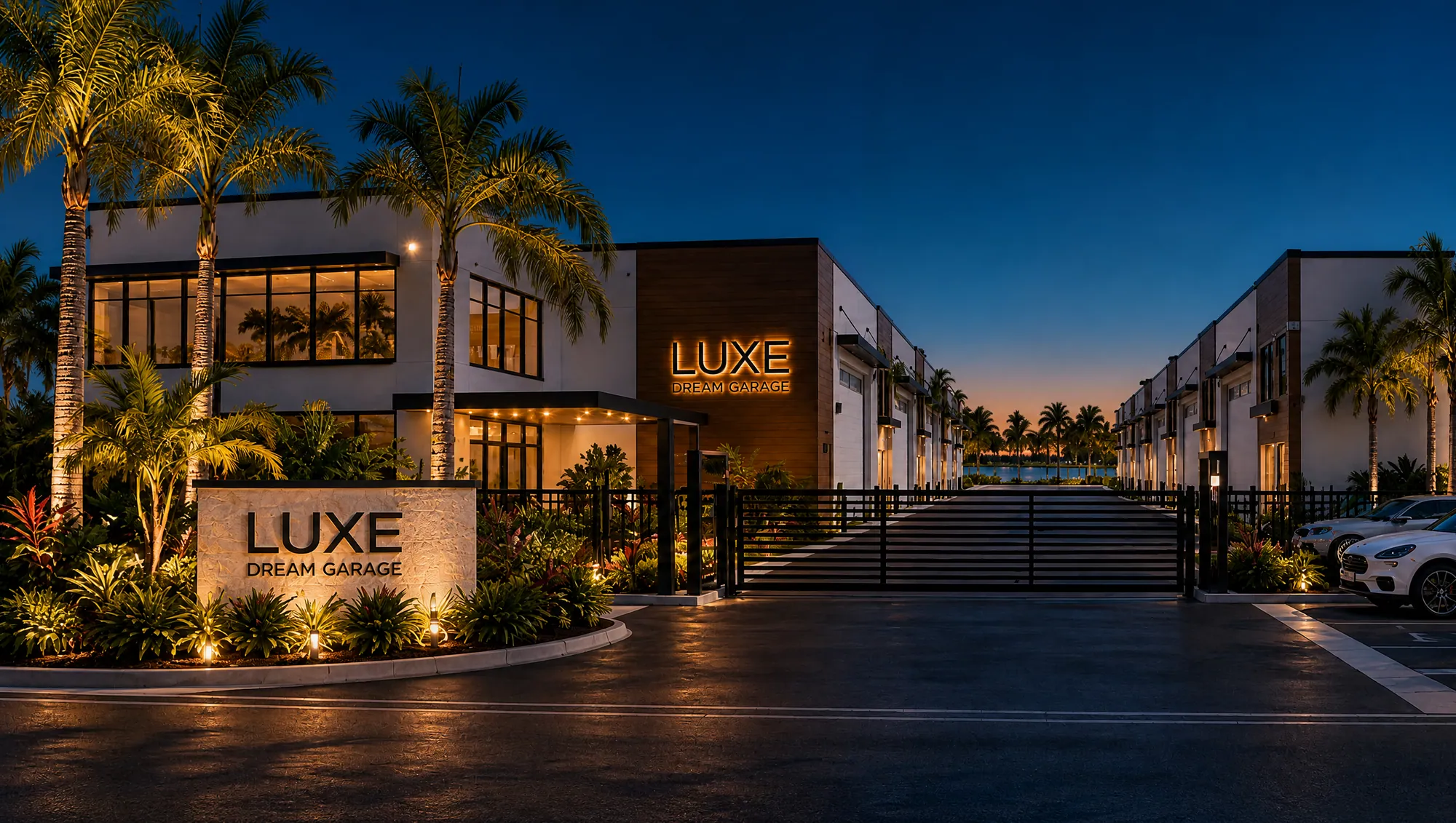 The gated entrance to Luxe Dream Garage Miami at dusk