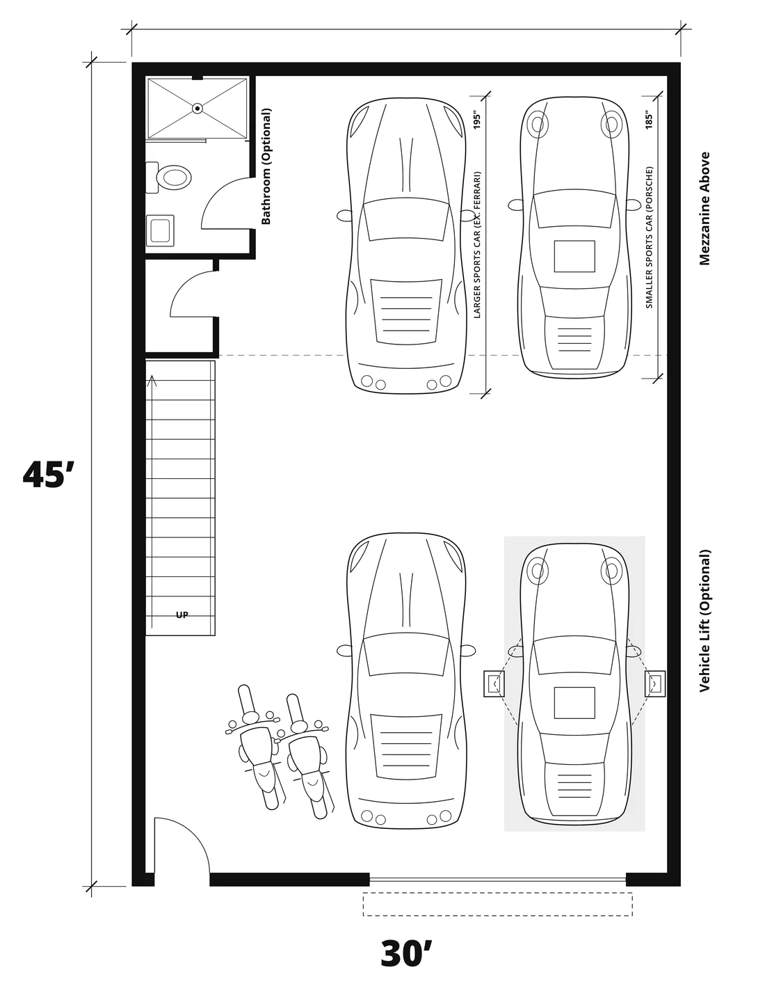 Type A floor plan, 30 by 45 feet