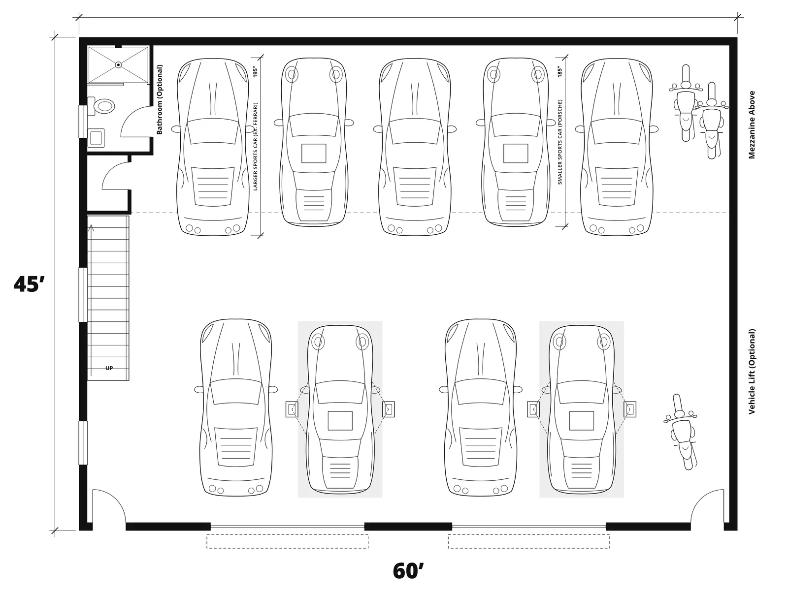 Type B floor plan, 60 by 45 feet