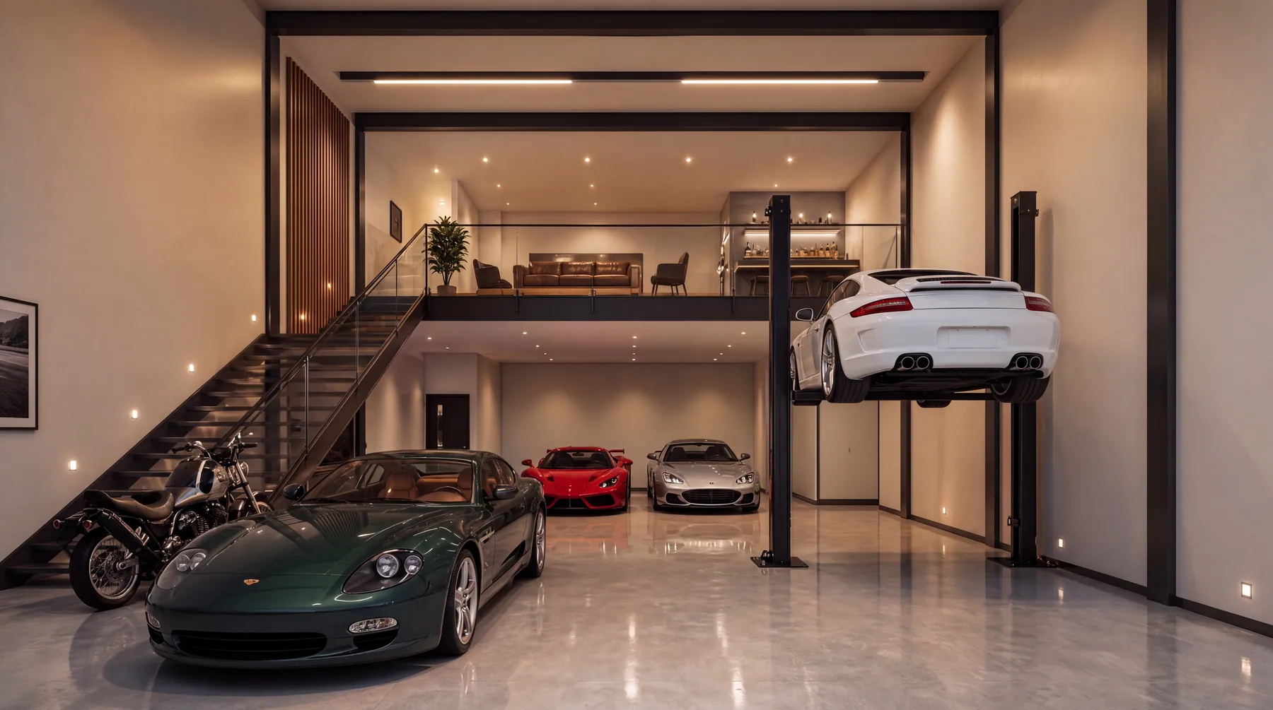 Type A garage interior concept with four cars, a lift, and a mezzanine lounge