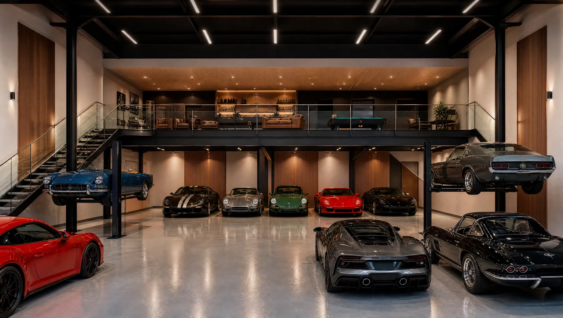 Type B double-width garage interior concept with nine cars and a full-width mezzanine